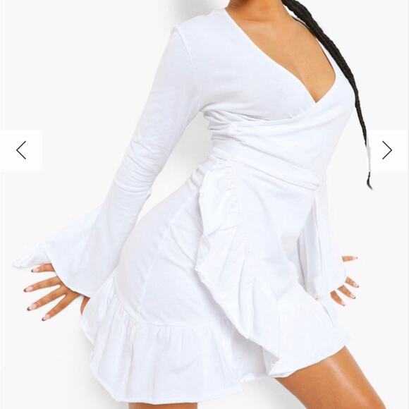 BOOHOO WRAP TIE SIDE FRILL DETAIL TEA DRESS Size 12 NWT - Picture 1 of 15